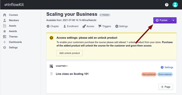 Screenshot showing course settings